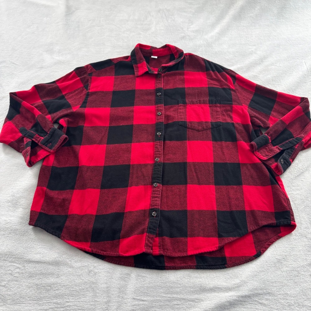 Old Navy Womens XL Buffalo Plaid Flannel Button Down Shirt Red Black Long Sleeve
